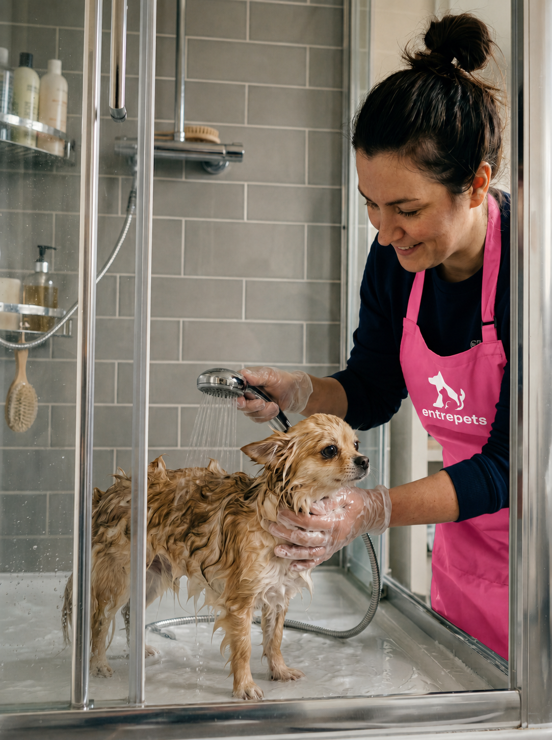 Profissionais pet cuidando de um cachorro e um gato